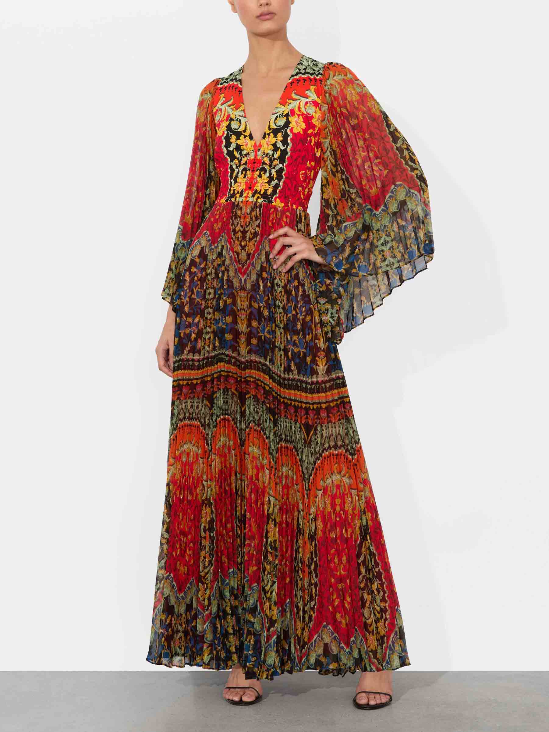 Elegant Vintage Floral Print V-Neck Pleated Maxi Dress