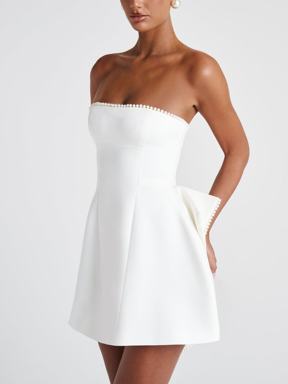 Elegant Off-The-Shoulder Pearl Trim Bow A-Line Mini Dress