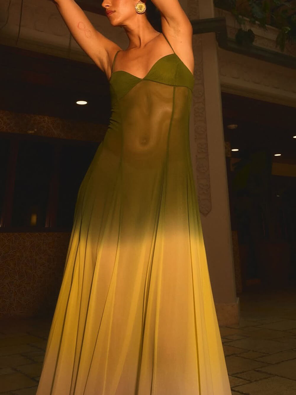 Exquisite See-through Tulle Ombre Print Slip Maxi Dress