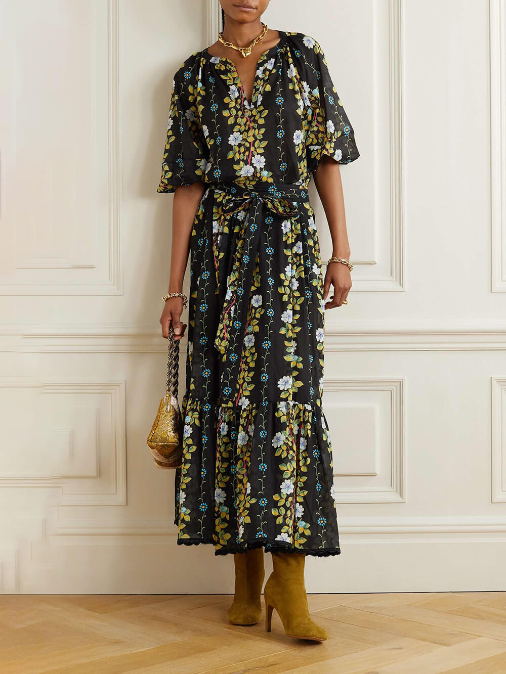 Elegant Belted Scalloped Floral-Print Chiffon Maxi Skirt