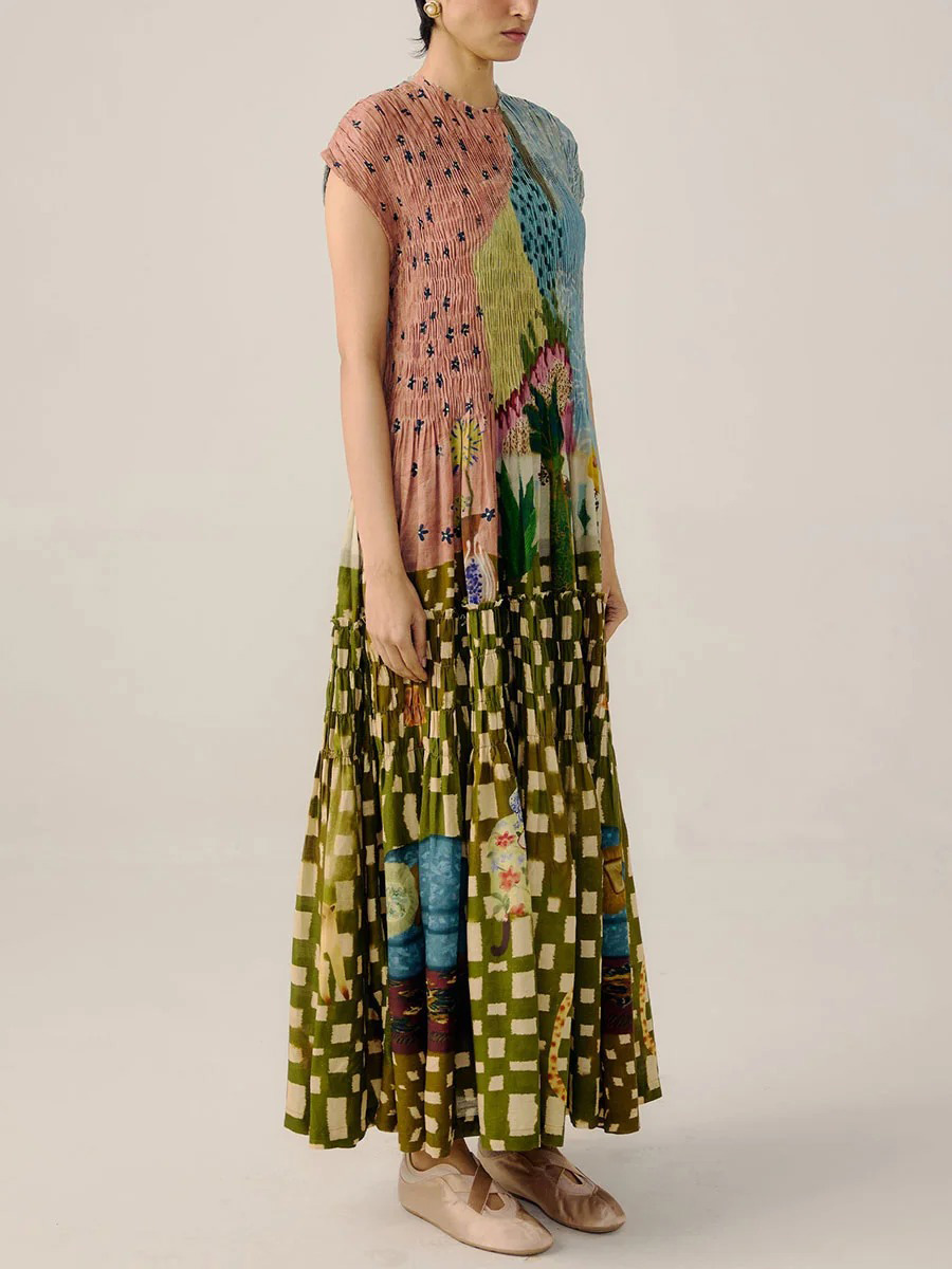 Retro Pleated Print Maxi Dress