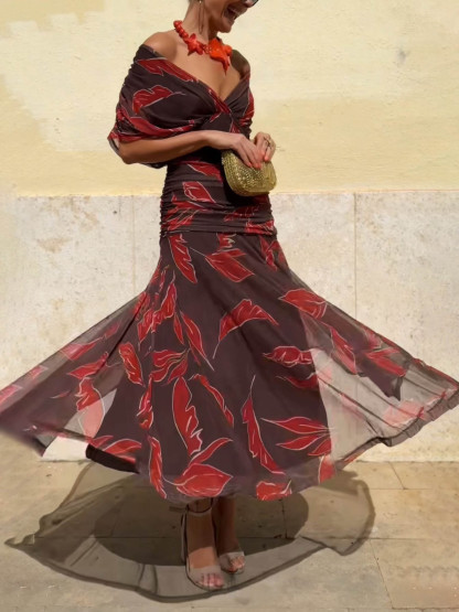 Elegant Off-Shoulder Ruched Leaf Print Maxi Dress