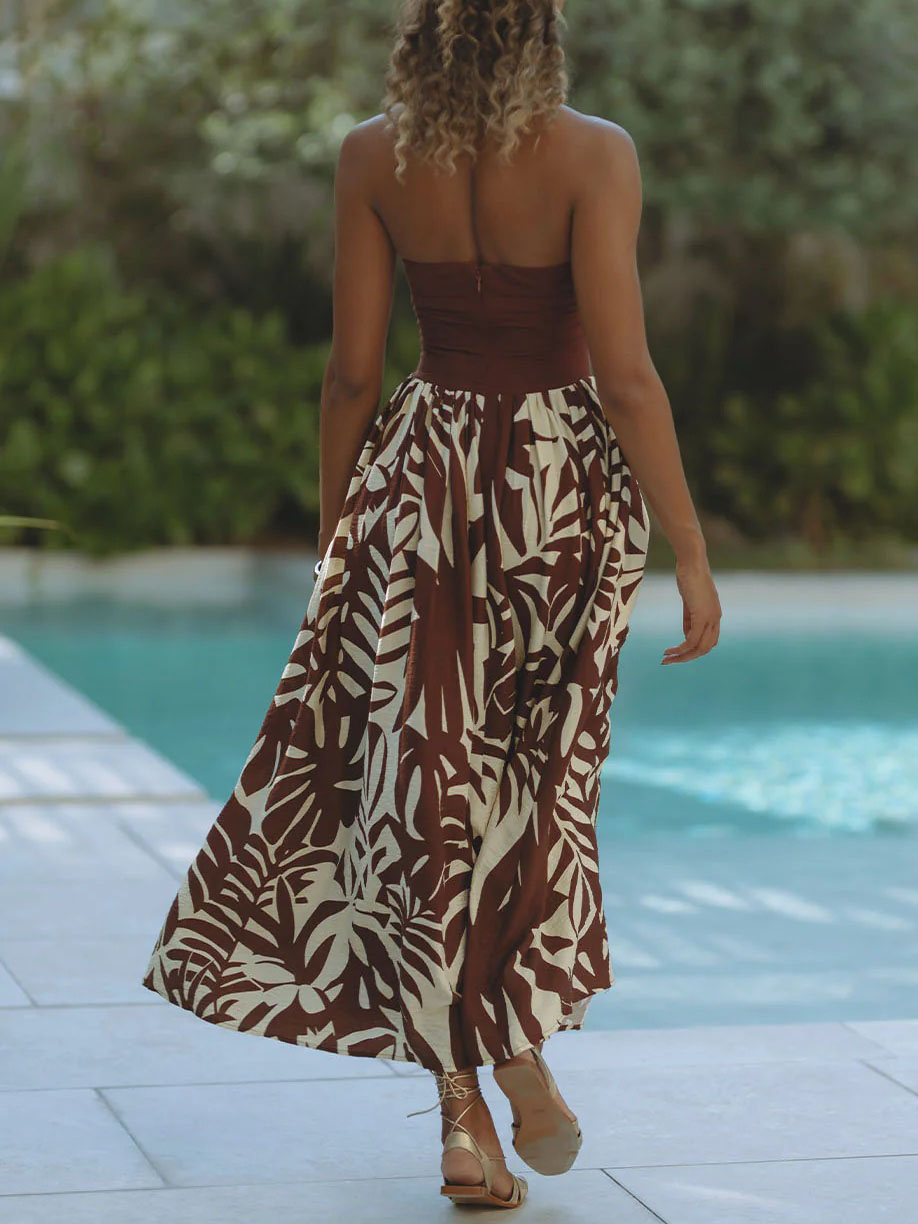 Tropical Halter Neck Leaf Print Midi Dress