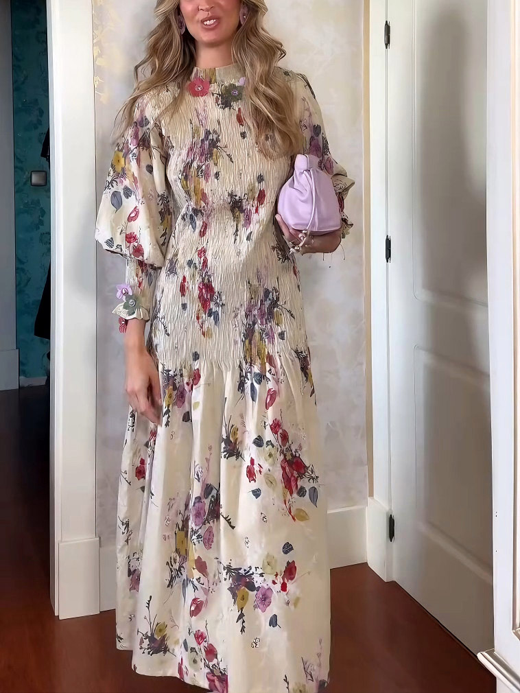 Elegant Crinkled Floral Print Puff Sleeve Maxi Dress