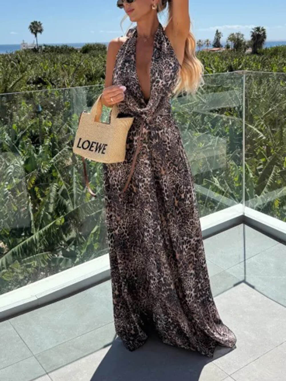 Elegant Printed Tie-Waist Cutout with Cowl Neck Maxi Dress