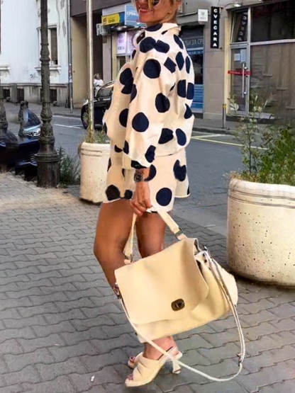 Classic Linen Blend Polka Dot Print Lapel Long Sleeve Shirt and Elastic Waist Pocket Shorts Set