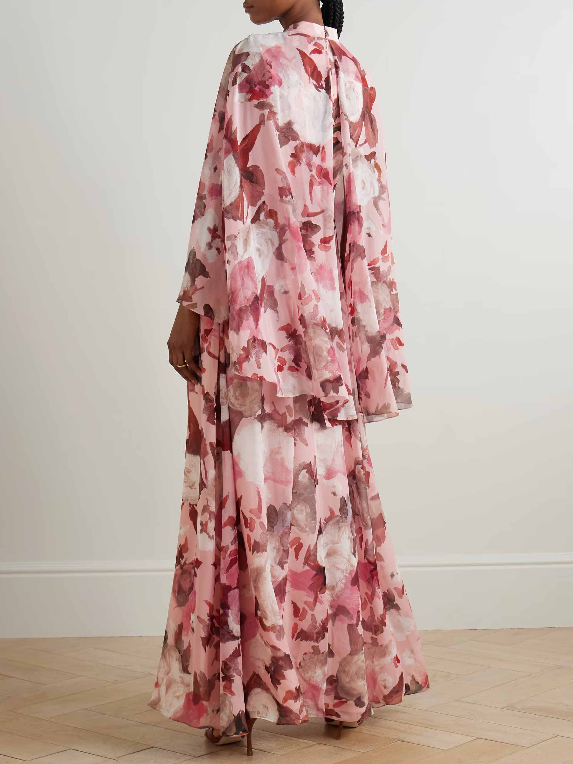 Exquisite Oil Painting Floral Print Cape Maxi Dress