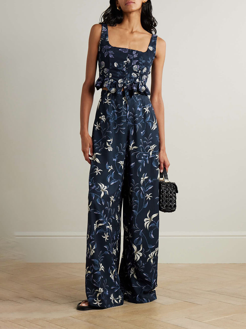 Delicate Ruffle Floral Print Twill Tank Top