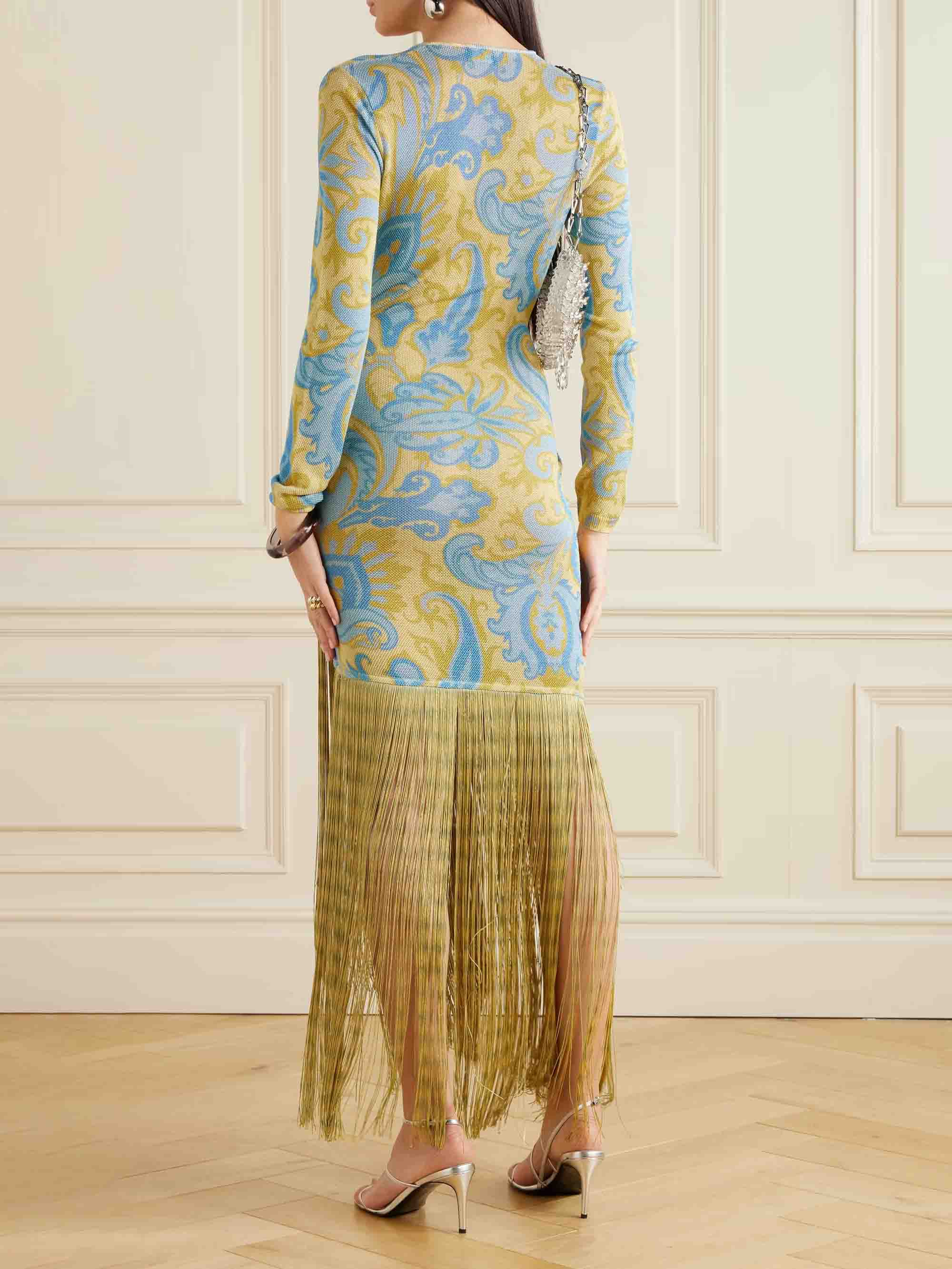 Retro Floral Print Fringed Knitted Maxi Dress