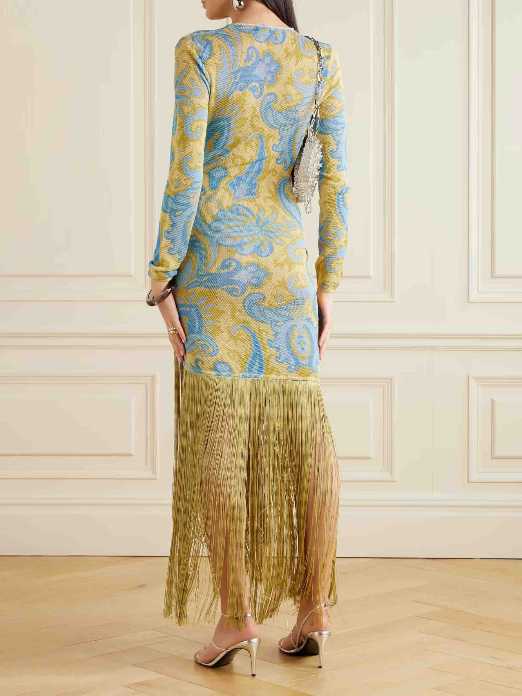 Retro Floral Print Fringed Knitted Maxi Dress