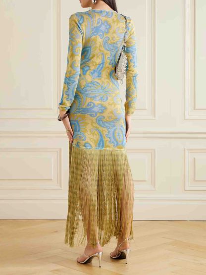 Retro Floral Print Fringed Knitted Maxi Dress