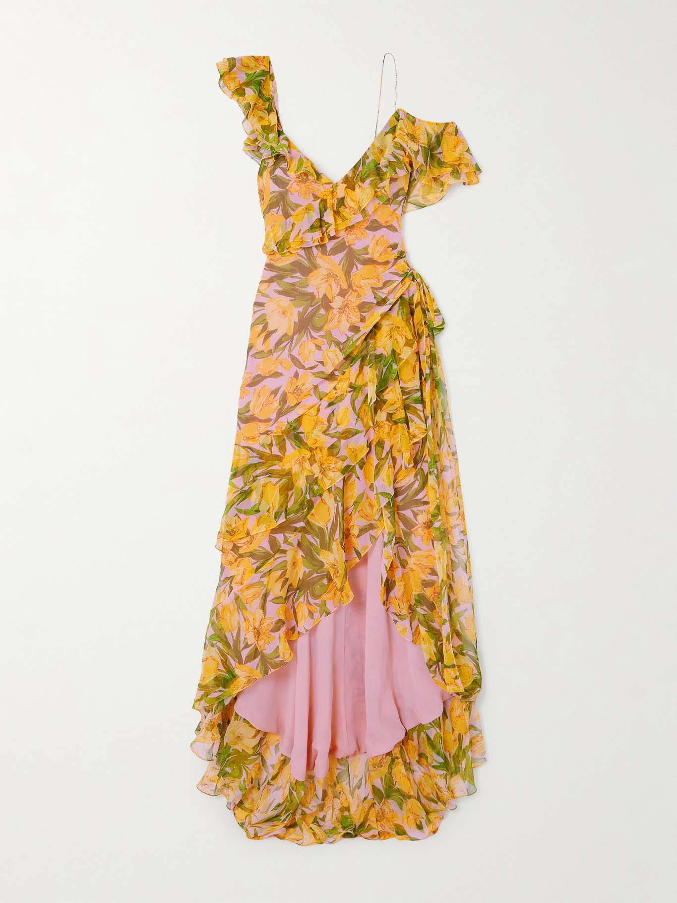 Elegant One-Shoulder Ruffled Floral Chiffon Maxi Dress