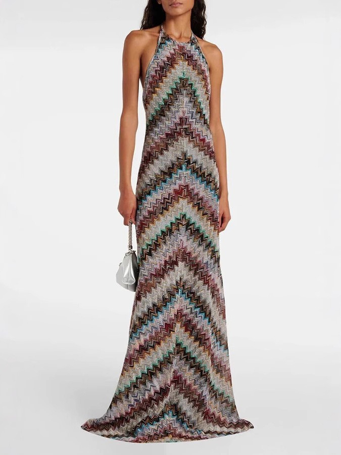 Casual Colorful Striped Knit Halter Neck Maxi Dress