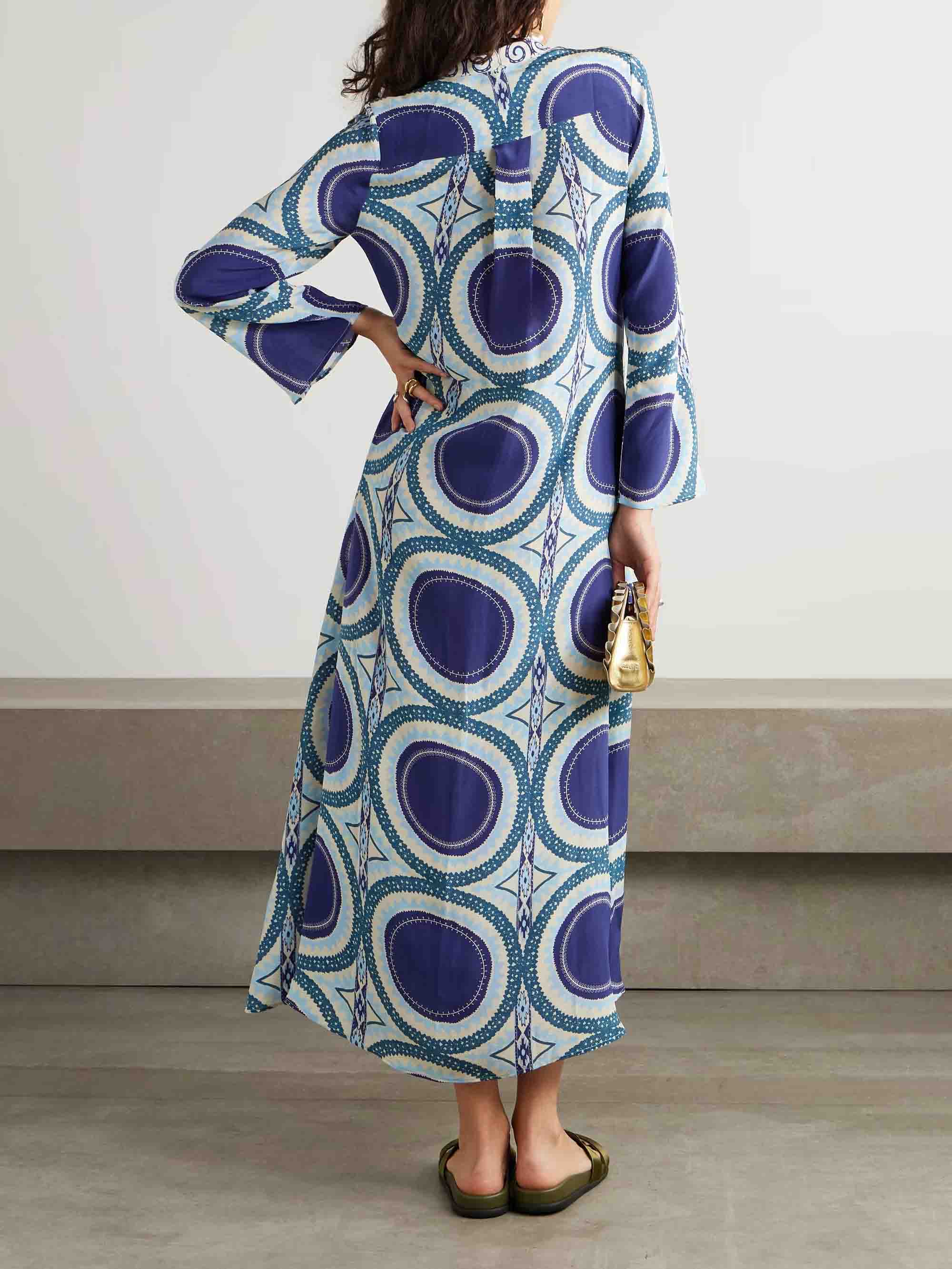 Elegant Retro Geometric Print Bell Sleeve Maxi Dress
