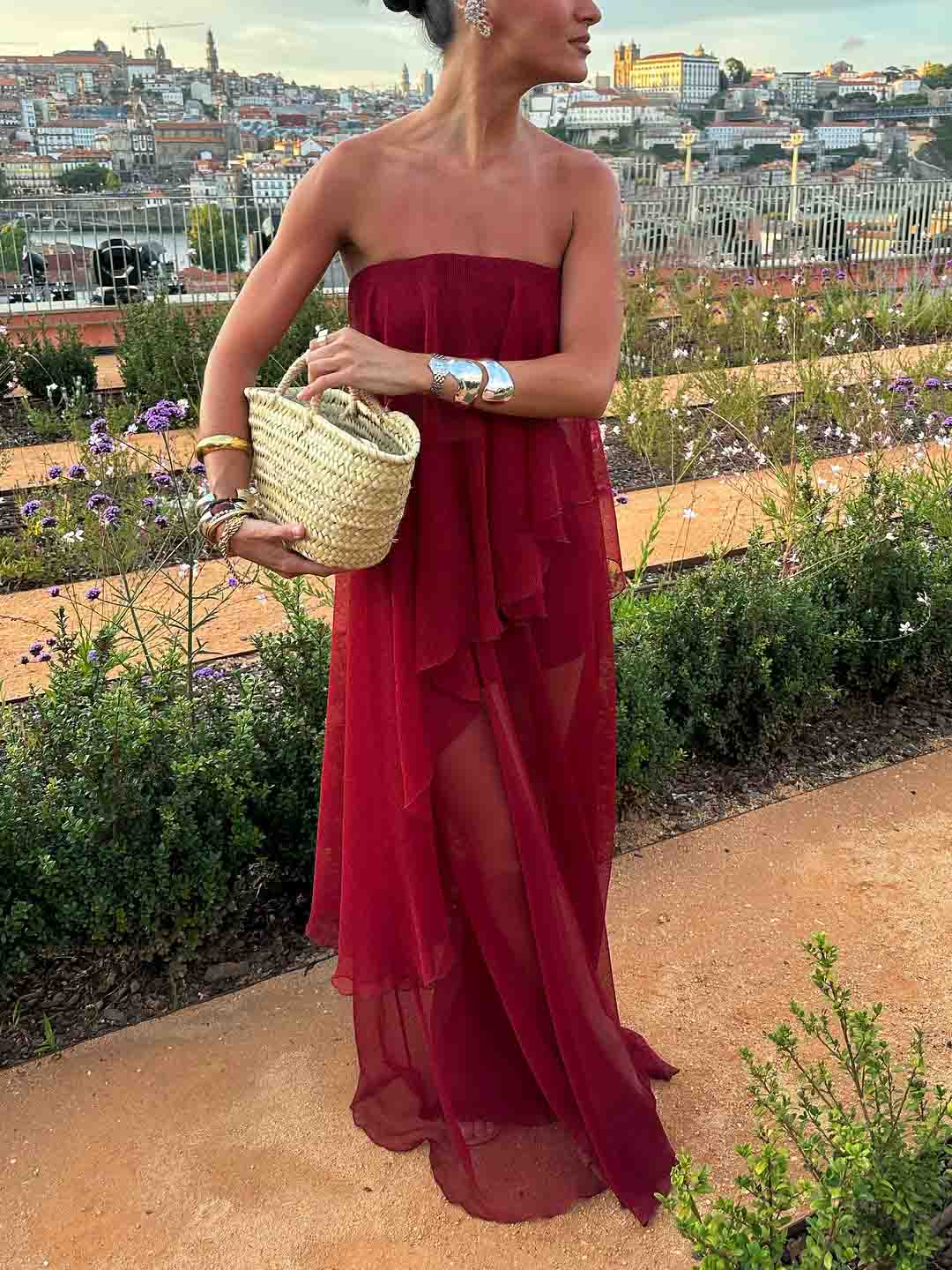 Elegant Strapless Layered Sheer Chiffon Two-Piece Set