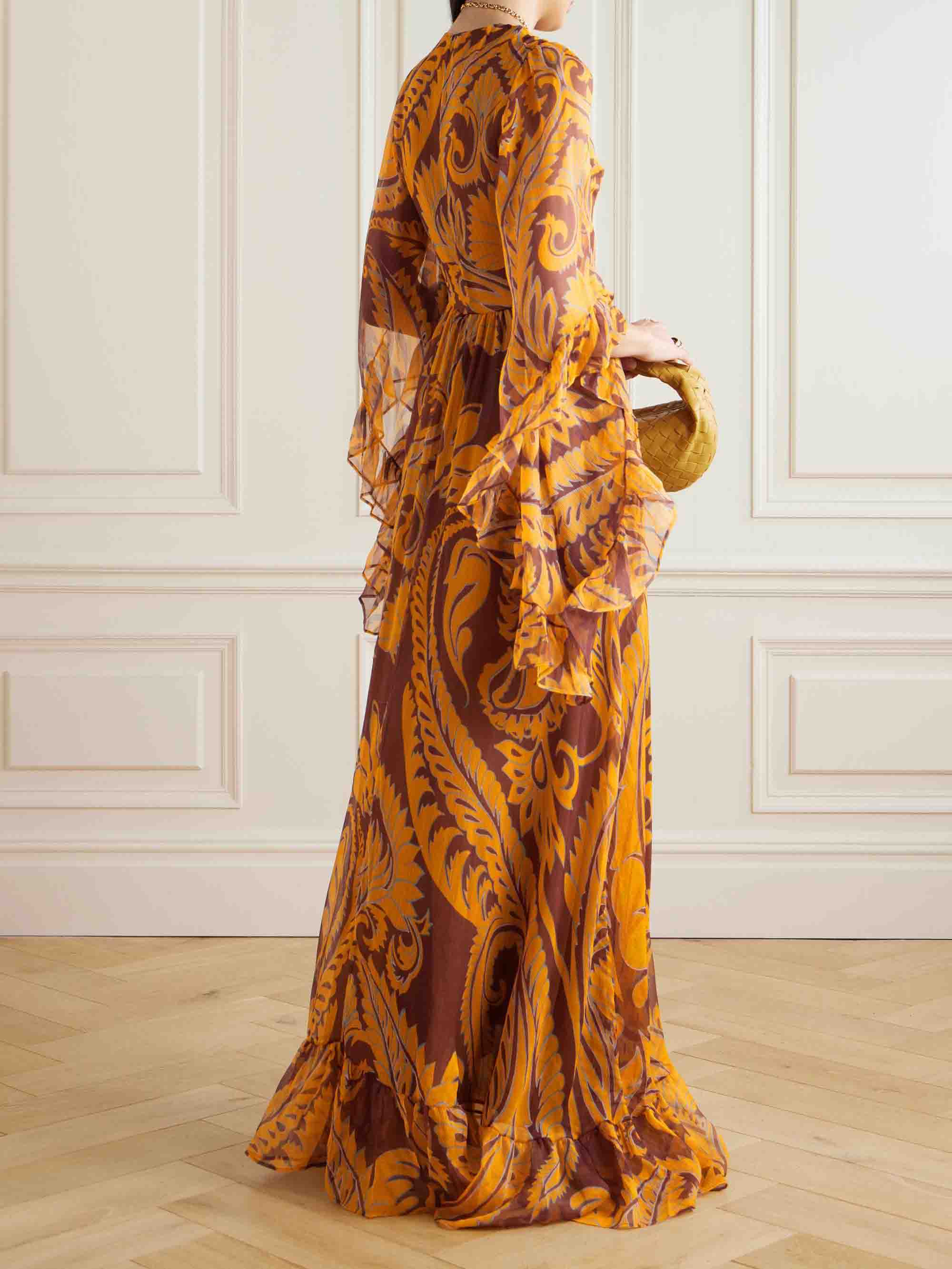 Exquisite Floral Print Chiffon Ruffle Maxi Dress