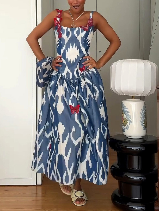 Elegant Ikat Print Sleeveless Butterfly Embellished Maxi Dress