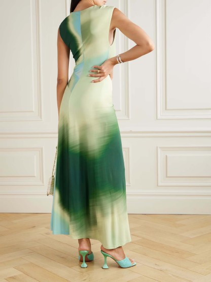 Exquisite Tie-dye Print Pleated Stretch Maxi Dress