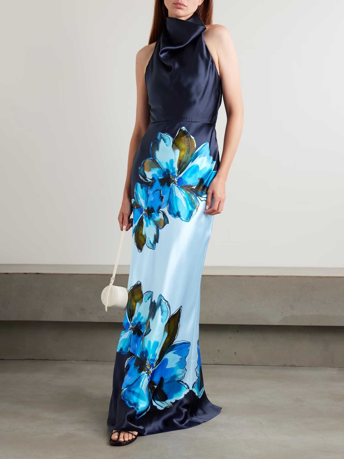 Elegant Bright Floral Print Halterneck Maxi Dress