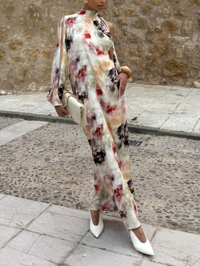 Unique Watercolor Print Single Puff Sleeve Maxi Dress