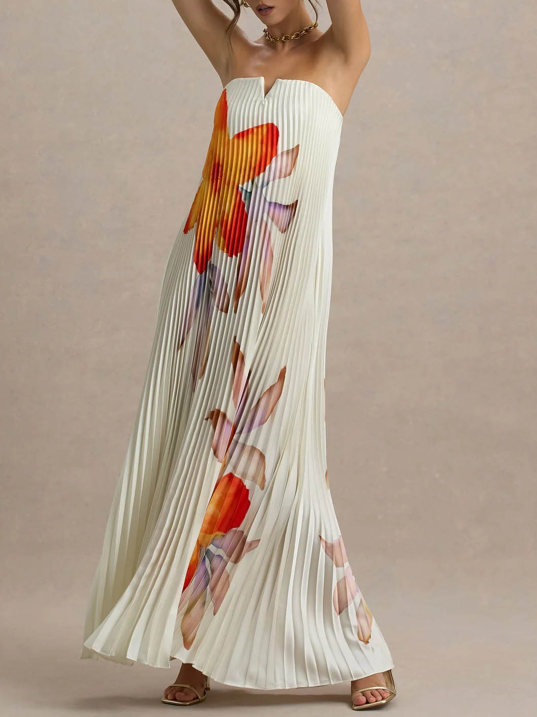 Elegant Sweetheart Orange Floral Print Pleated Maxi Dress