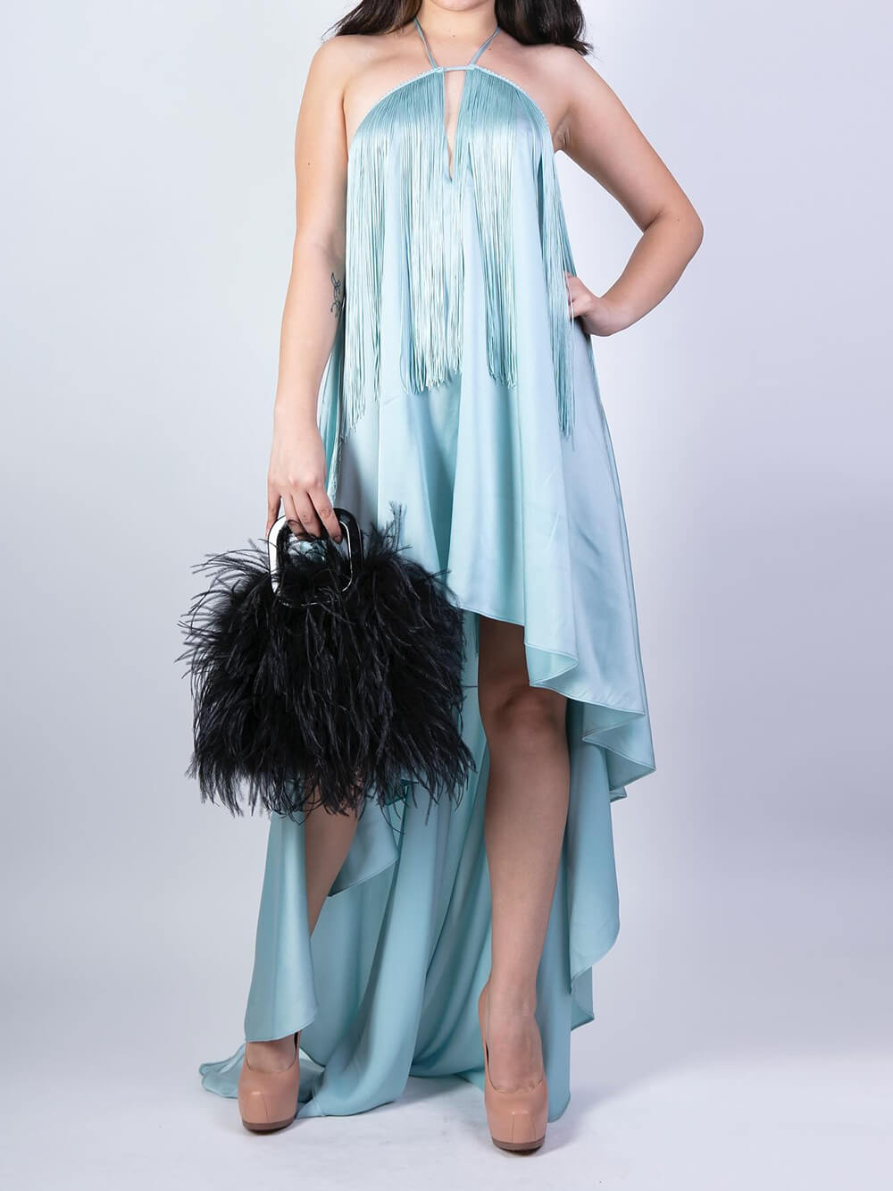 Elegant Unique Tassel Trim Cross-Back Satin Asymmetric Maxi Dress