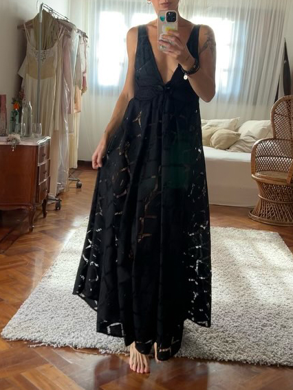 Elegant V-neck Hollow Lace Embroidery A-line Maxi Dress