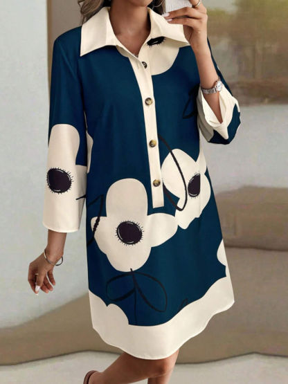 Elegant Printed Loose-Fitting 3/4 Sleeve Mini Dress
