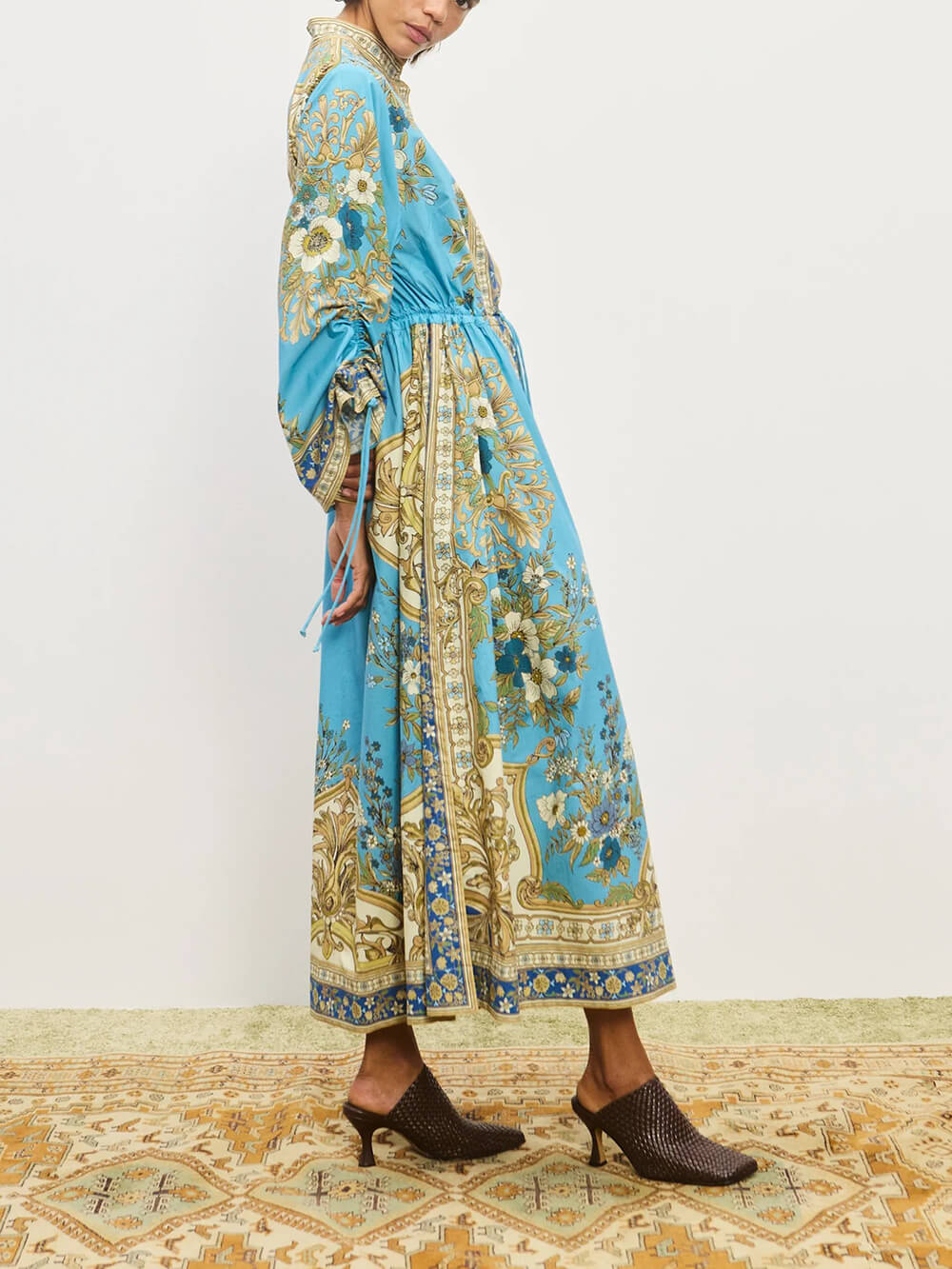 Unique Effortless Floral Print Cuffs Waist Drawstring Loose Shirt Silhouette Dress