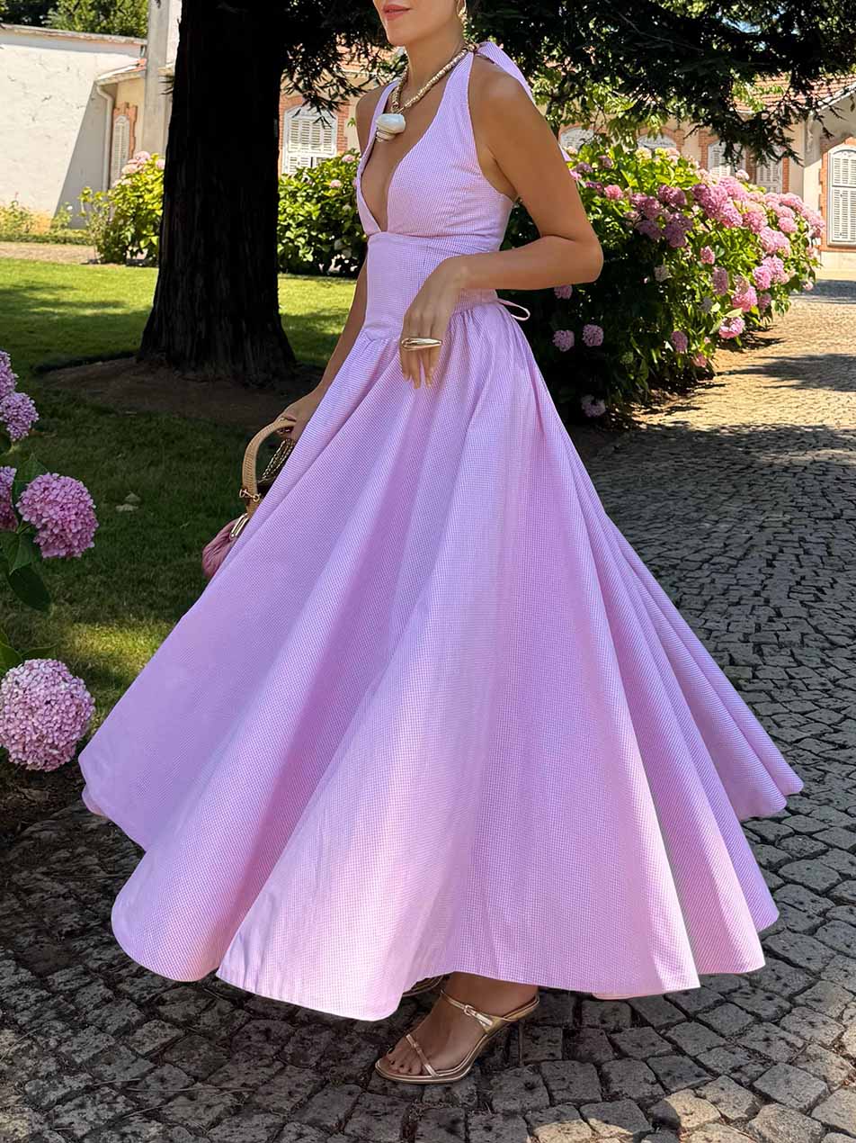 Elegant Light-colored Fine Check Backless Suspender Maxi Dress
