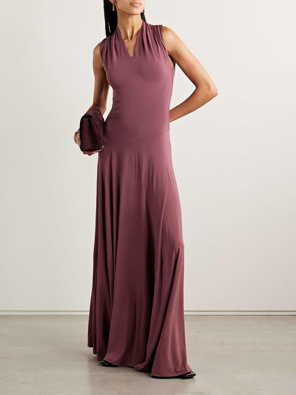 Elegant Gathered Stretch-Jersey Maxi Dress