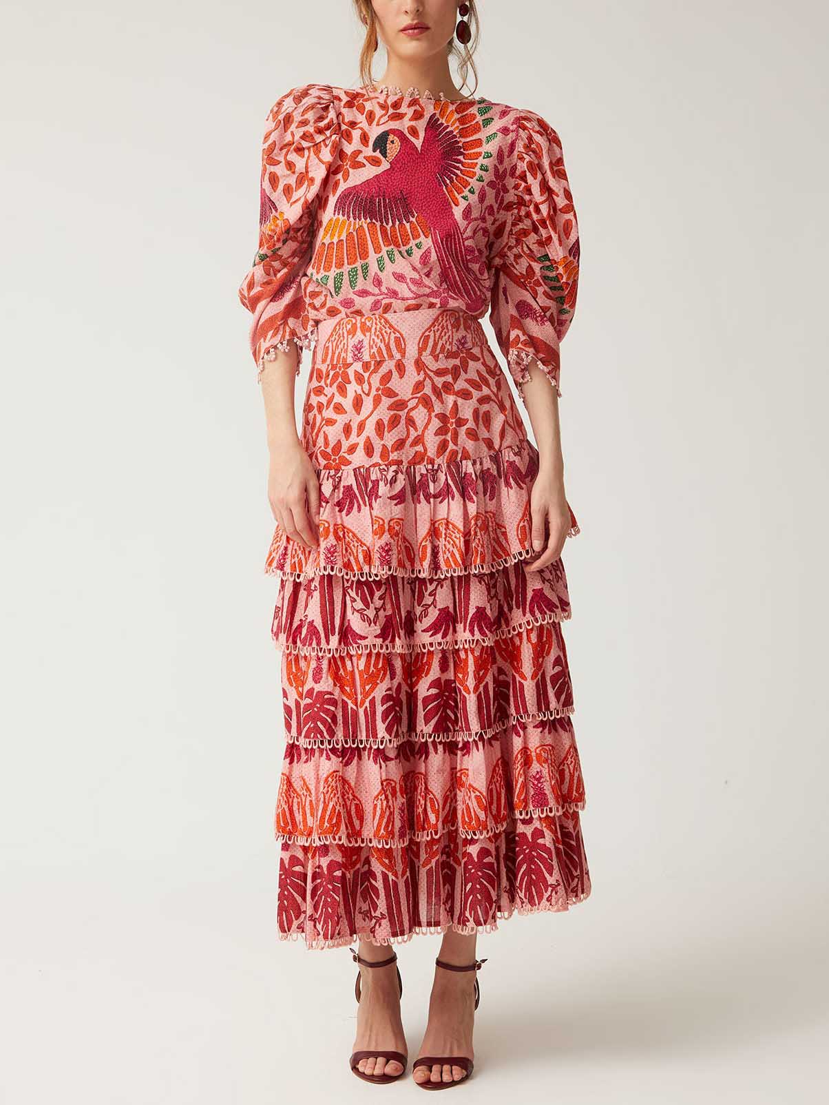 Vibrant Bird Floral Print Puff Sleeve Shirt