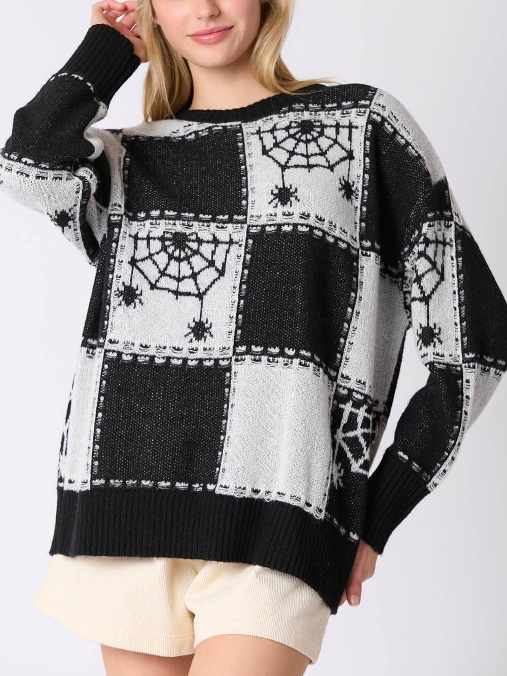 Cosplay Halloween Ghost Plaid Spider Web Pullover Knit Sweater