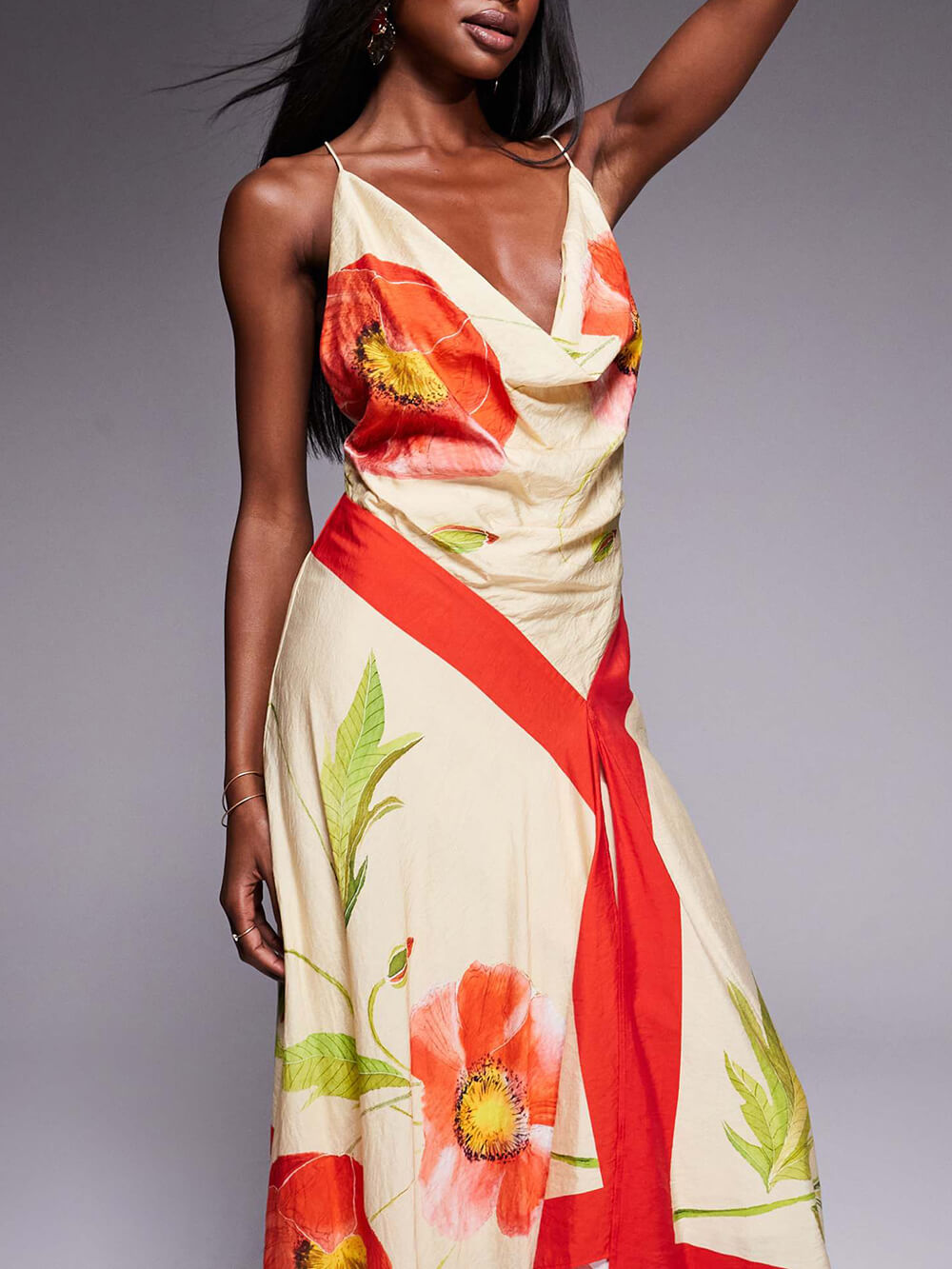 Elegant Unique Print Deep Pleated Asymmetric Backless Maxi Dress