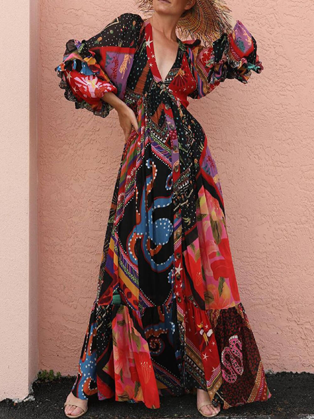 Bohemian Floral Print Patchwork Buckle Flounce V Neck Maxi Dress