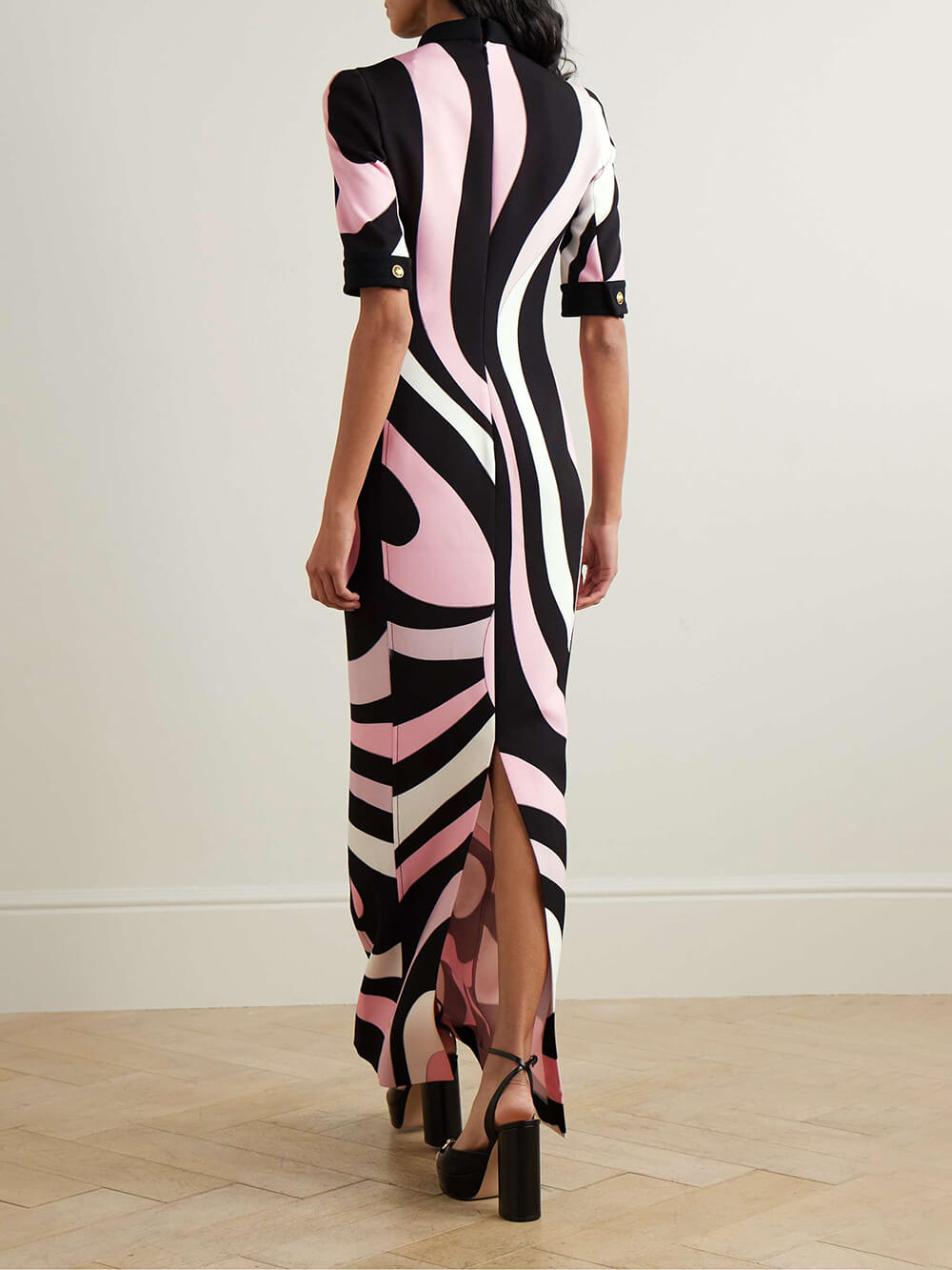 Retro-Inspired Unique Printed Satin Crinkle Maxi Dress