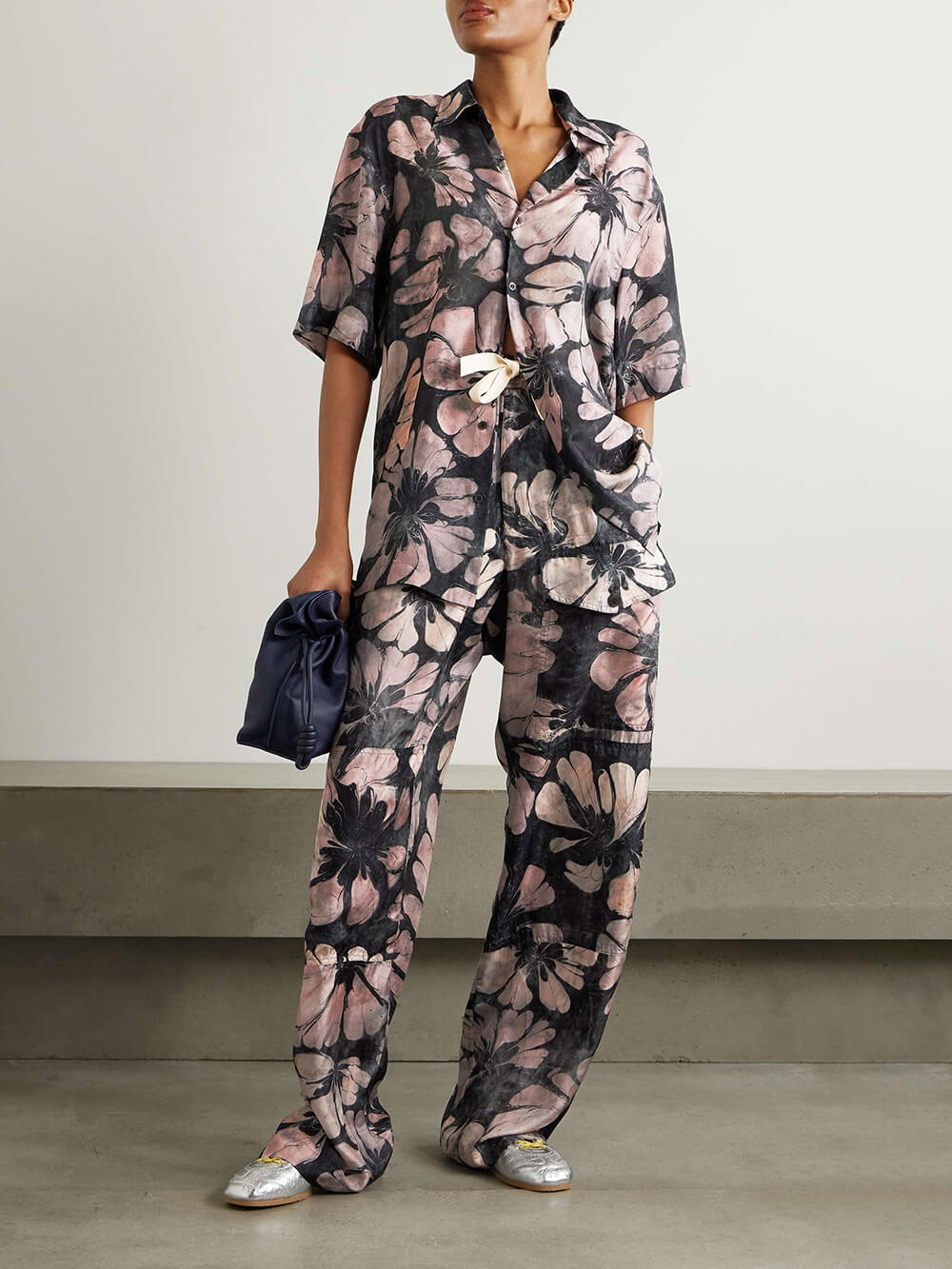 Unique Floral Print Satin Button-Down Loose-Fitting Shirt