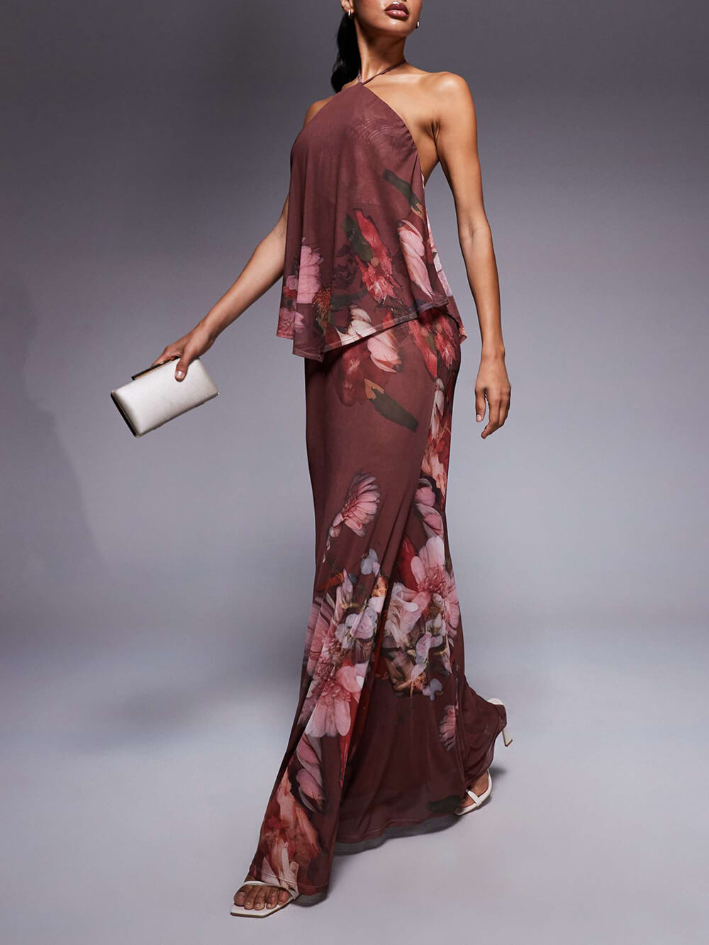 Delicate Floral Print Sheer Overlay Mesh Halter Maxi Dress