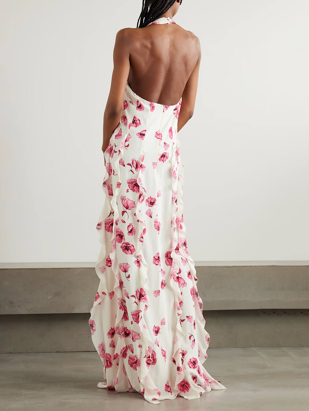 Retro Ruffle Floral Print Chiffon Crepe Chine Halter Maxi Dress