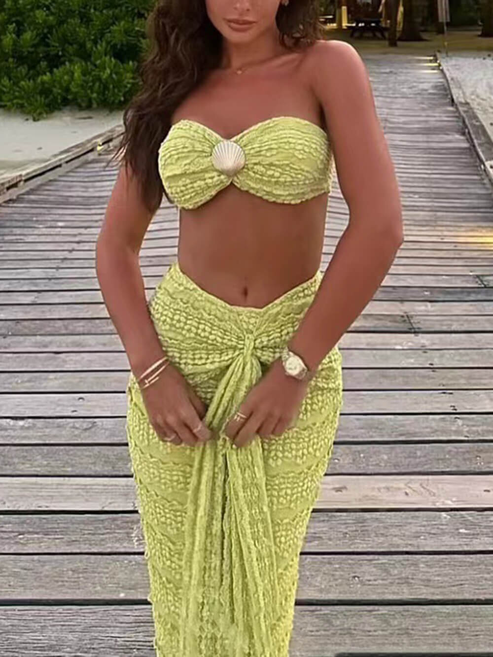 Elegant Strapless Shell-Embellished Top & Ruched Skirt Set