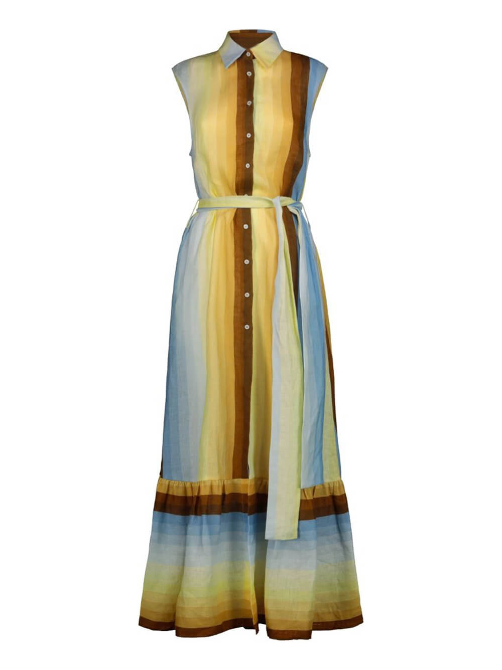 Classic Linen Striped Sleeveless Button-Down Belted Maxi Dress