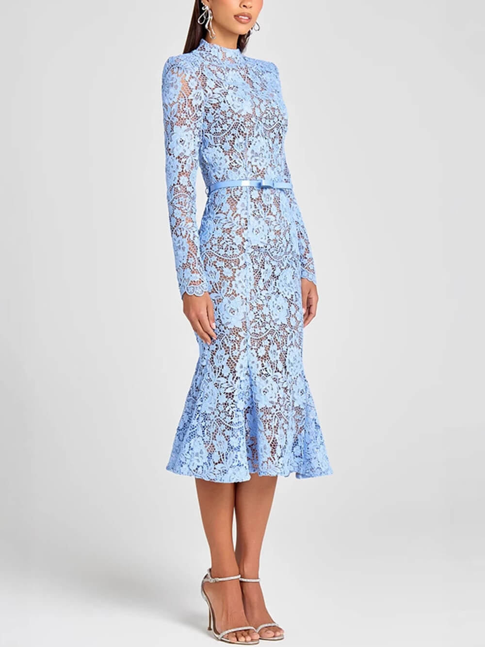 Elegant Lace Belted Long Sleeve Mermaid Midi Dress