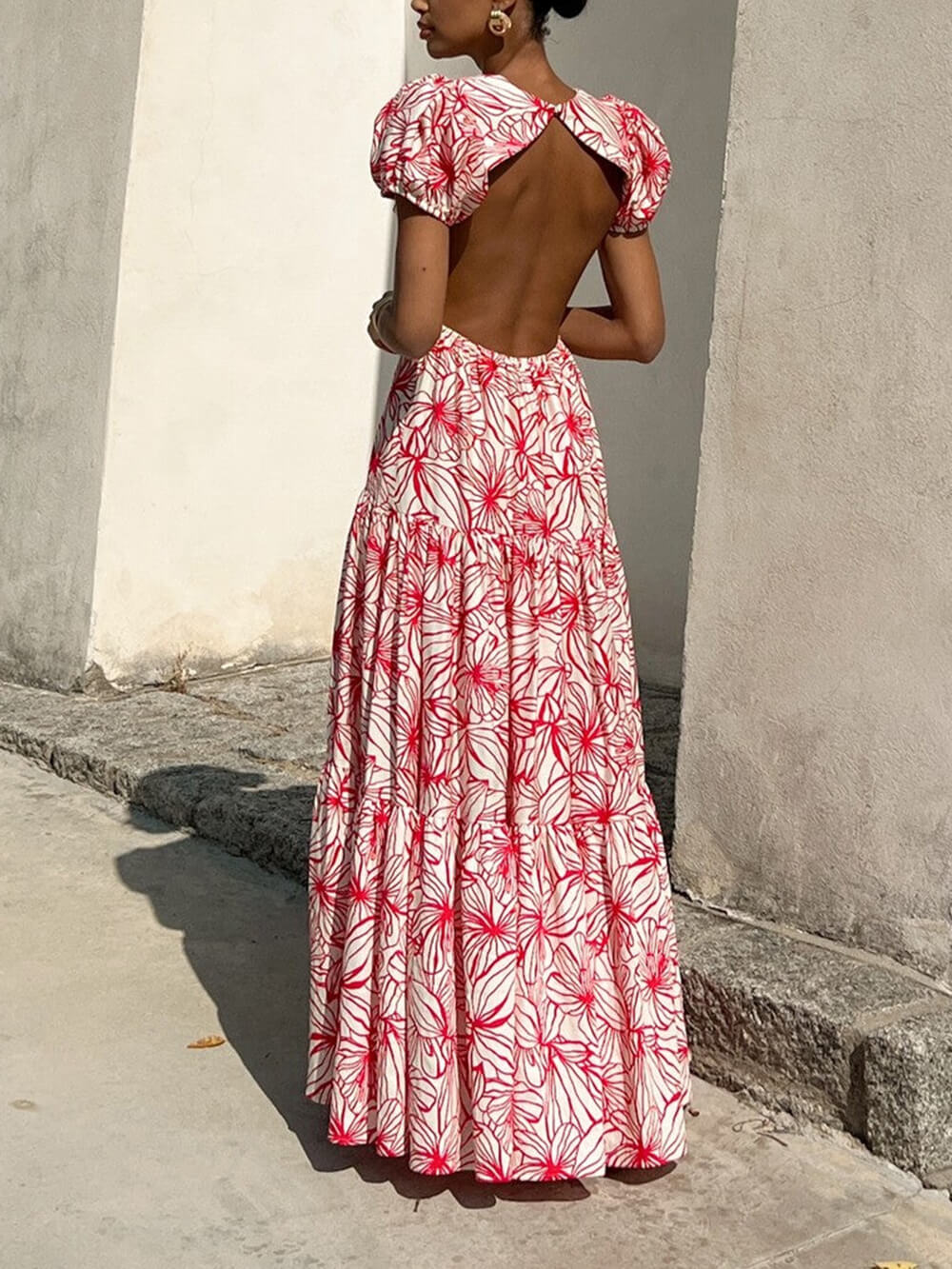Beautiful Floral Print Cutout Open Back Pleated Maxi Dress