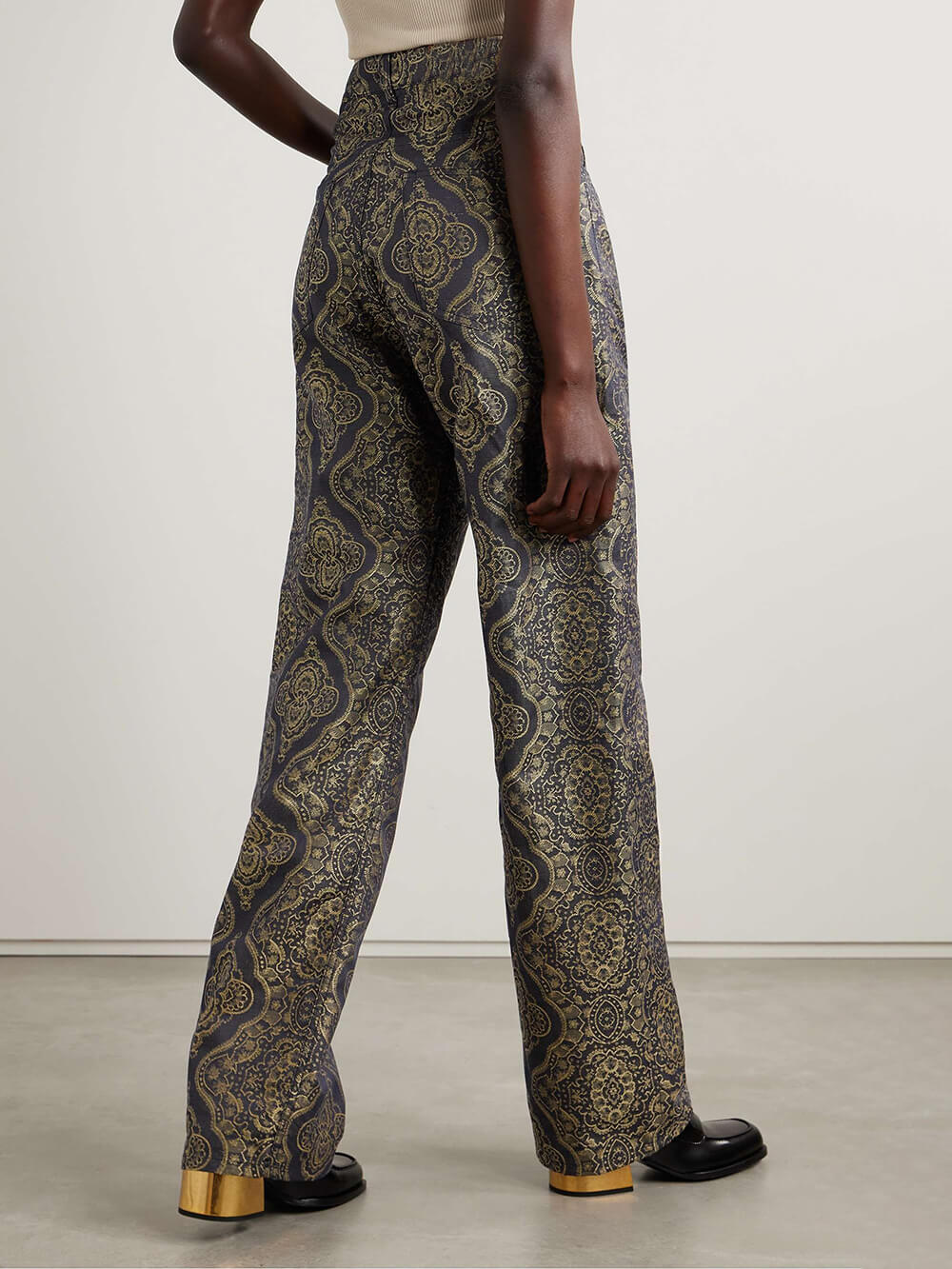 Retro Ethnic Print Metallic Denim Jacquard Straight Pants