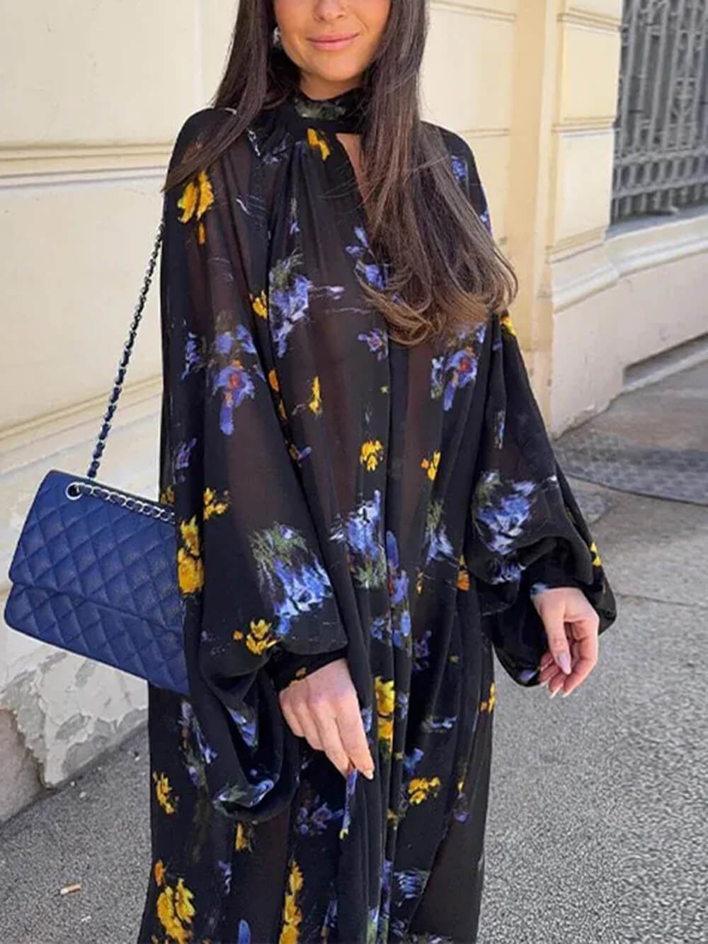 Elegant Floral Print High-Neck Lantern Sleeve Bohemian Maxi Dress