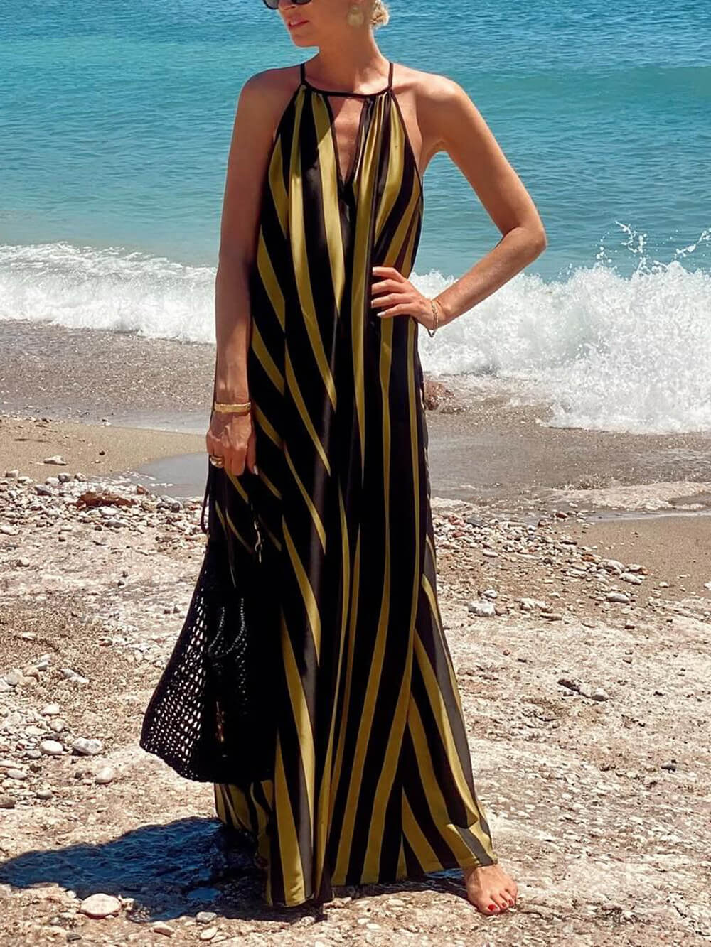 Summer Casual Contrast Stripe Print Lace-Up Holiday Maxi Dress