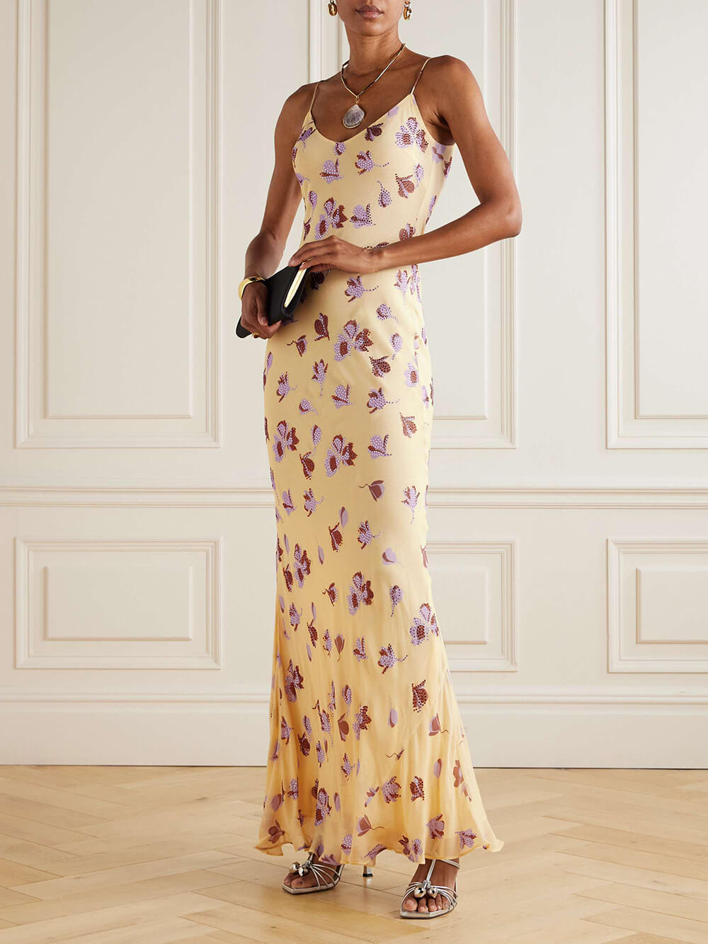 Elegant Embellished Floral Print Backless Chiffon Maxi Dress