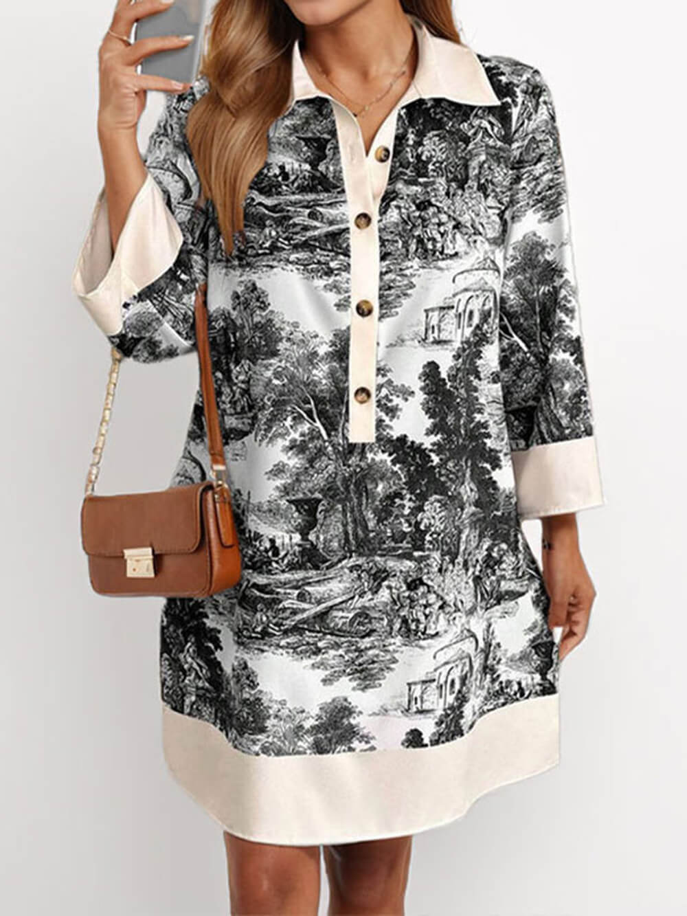 Elegant Oil Painting Pattern Contrast Print Loose Mini Dress