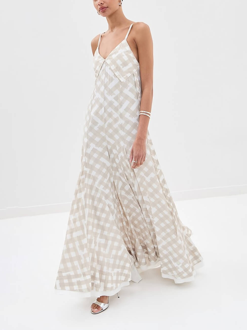 Elegant Plaid Print Pleated Crepe Maxi Dress