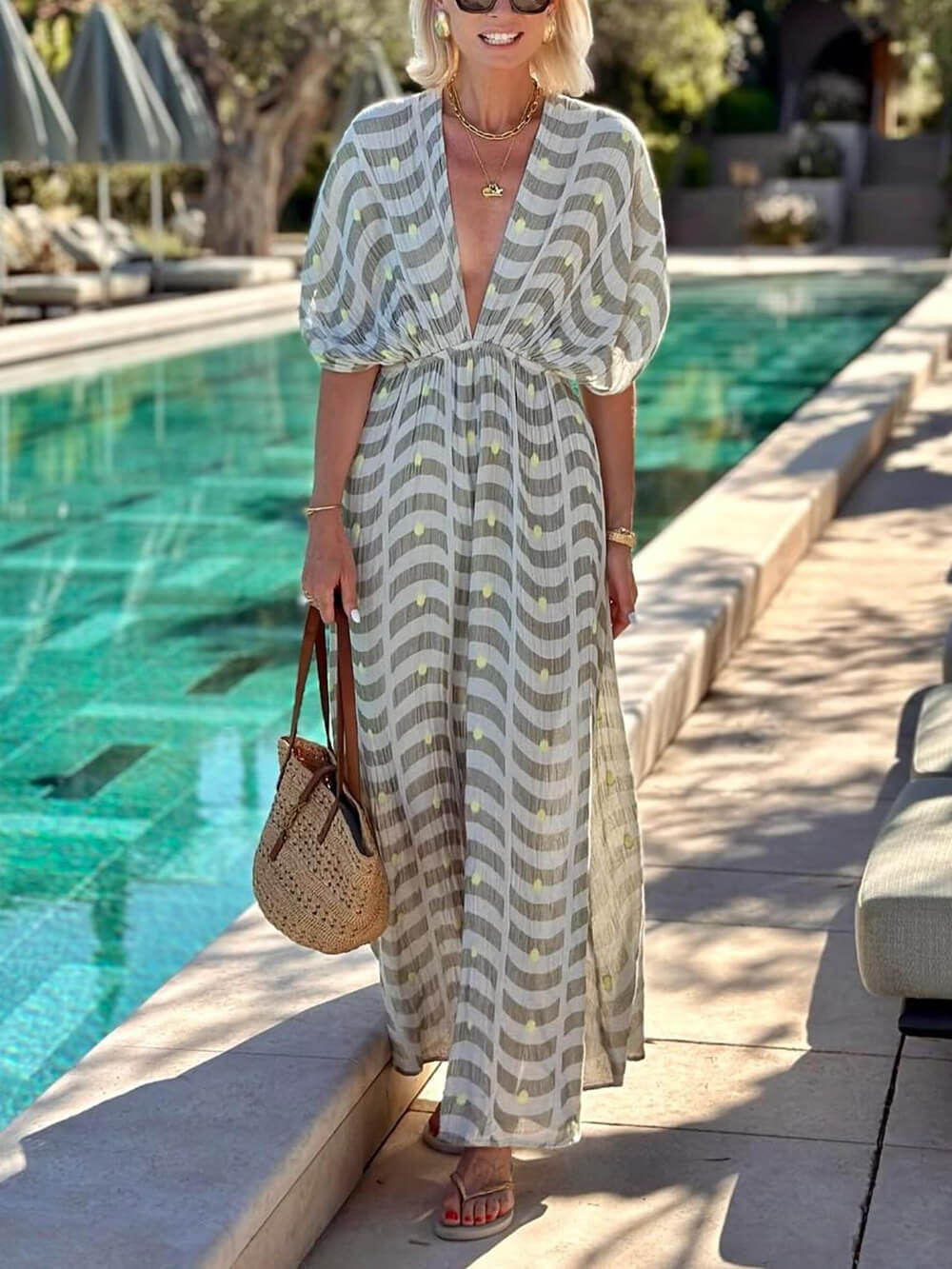 Unique Ruched Print With Drop Shoulders Side Slit Maxi Dress